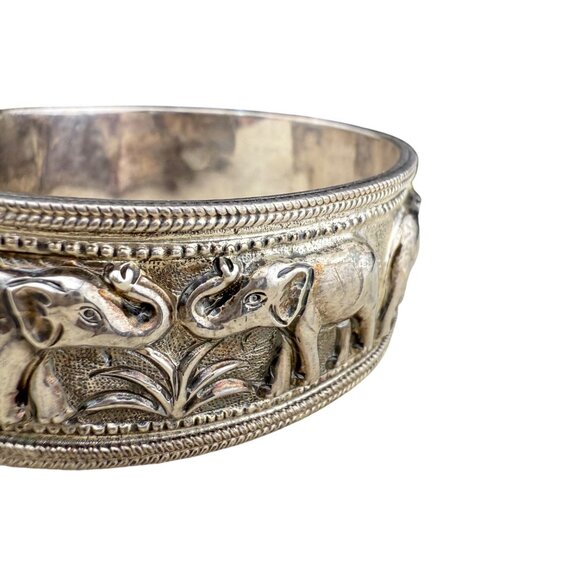 Sterling Silver Elephant Cuff Bracelet Embossed Safari Design Tribal Jewelry 925 - Picture 3 of 8